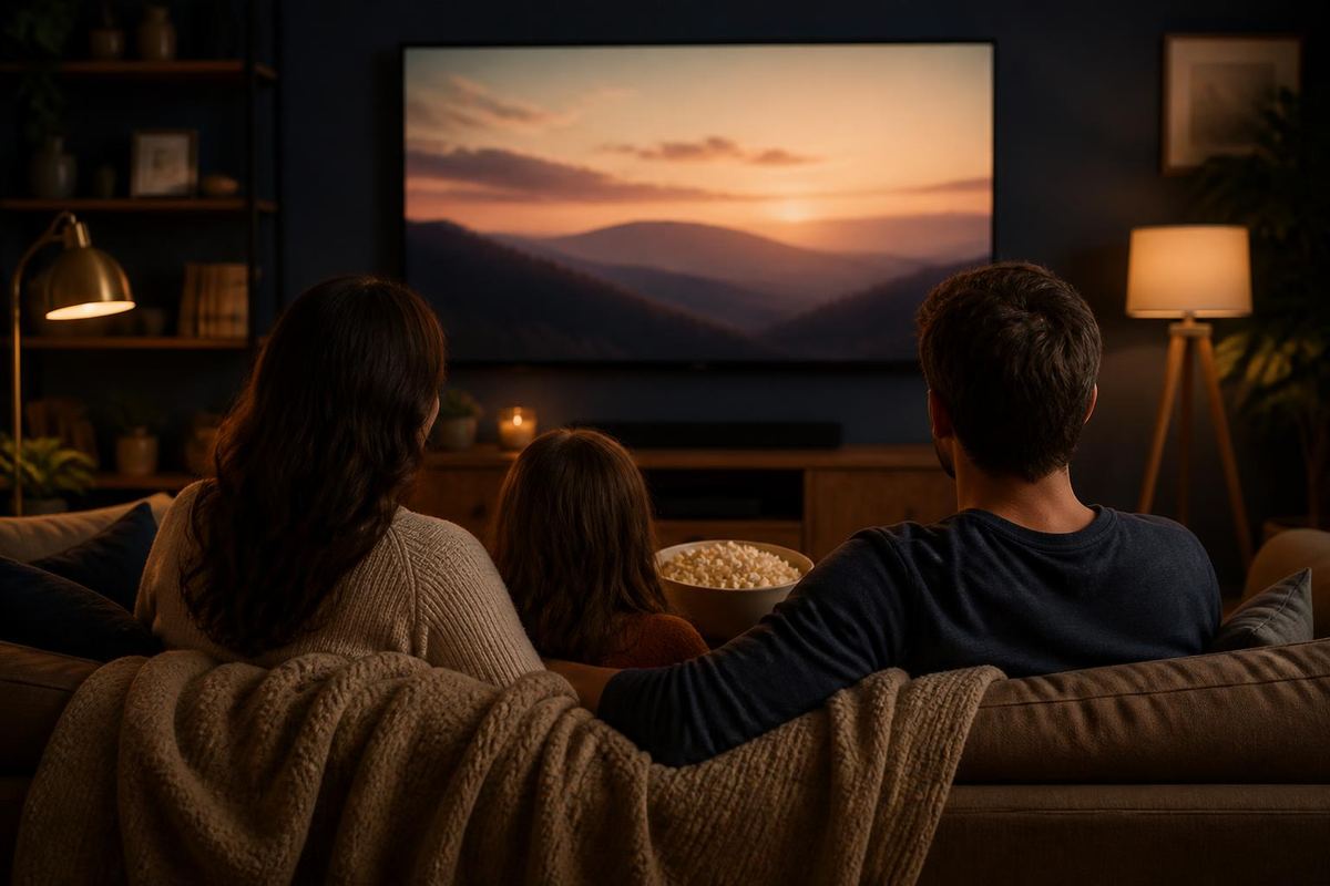 A family watching a movie together on the couch