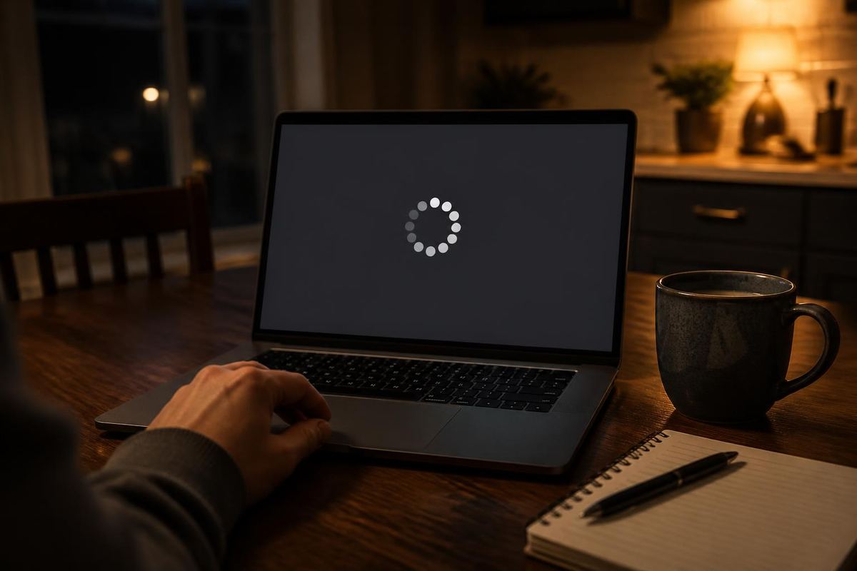 A laptop stuck on a loading spinner during a work call