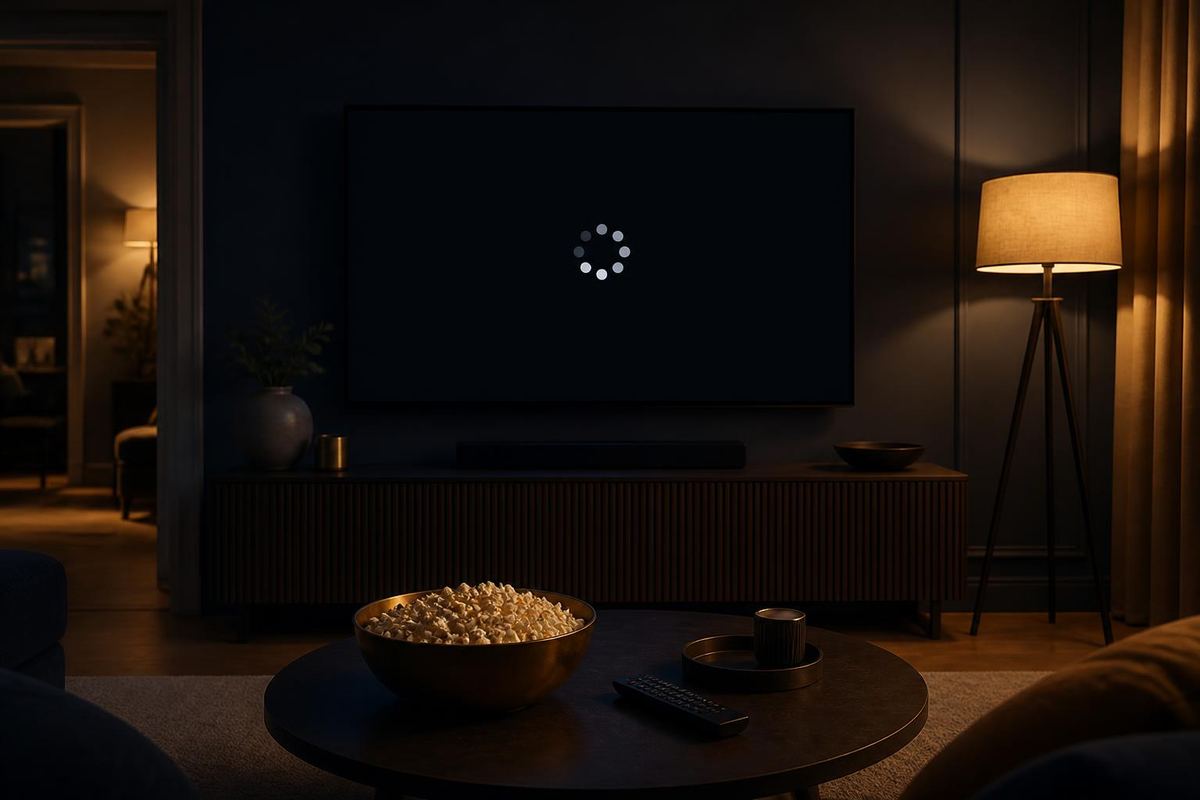 A TV stuck on a loading spinner during movie night